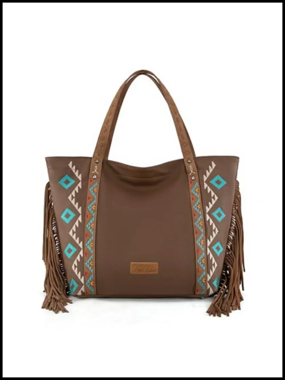 Large Fringe Tote Bag in Faux Leather with Aztec Pattern